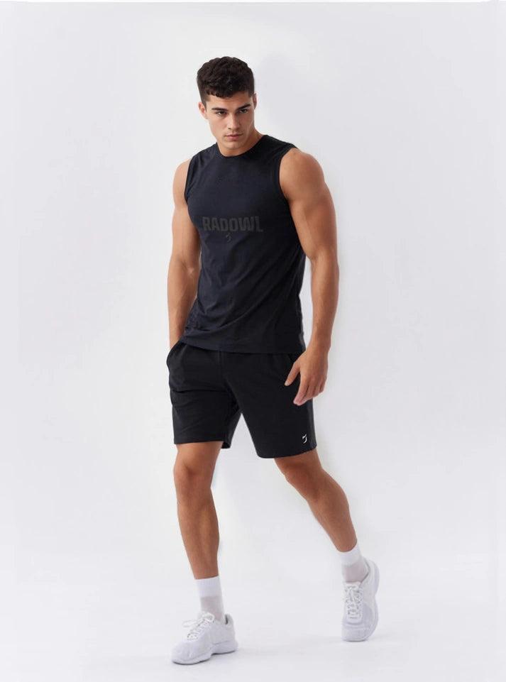 FlexFit Gym Shorts for men | running shorts for men - Midnight Black with lightweight fabric and white Radowl logo on the left leg, this trunk give you ulimate comfort during workouts and another physical activities a perfect gym wear for men  buy now at radowl a best gym wear brand.