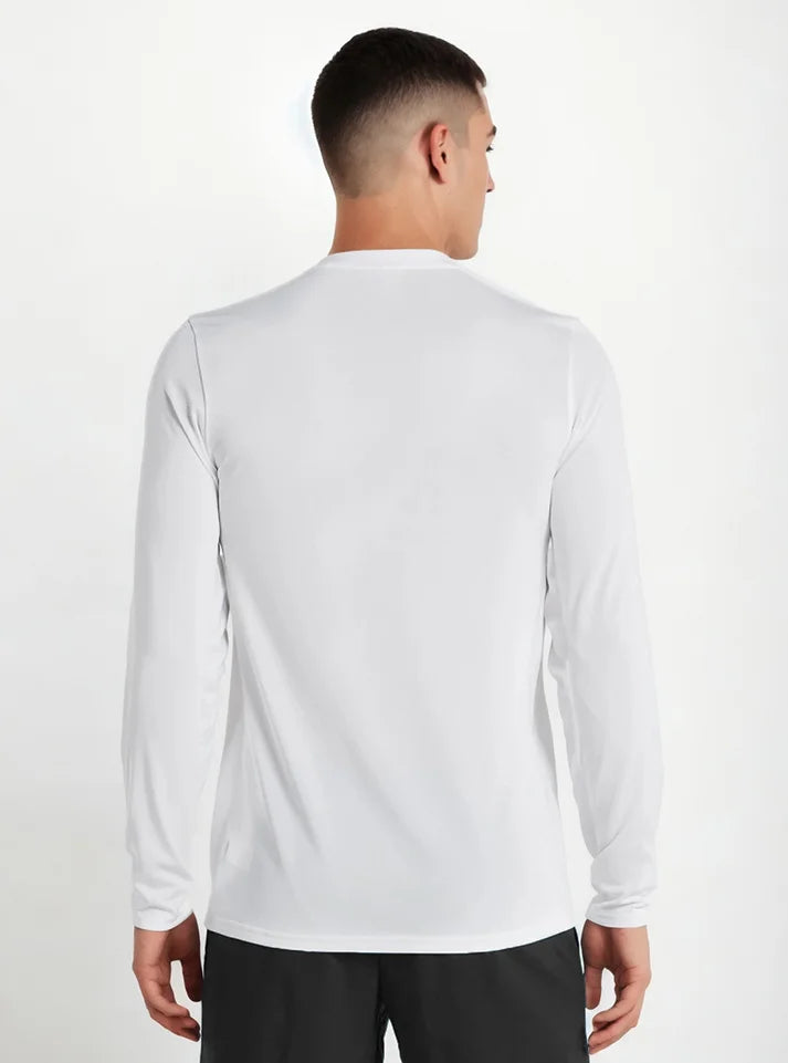 In this image a male model wearing Radowl tshirt & showing the back of t-shirt and the name of this tshirt is Endurance Full Sleeves T-shirt White. 