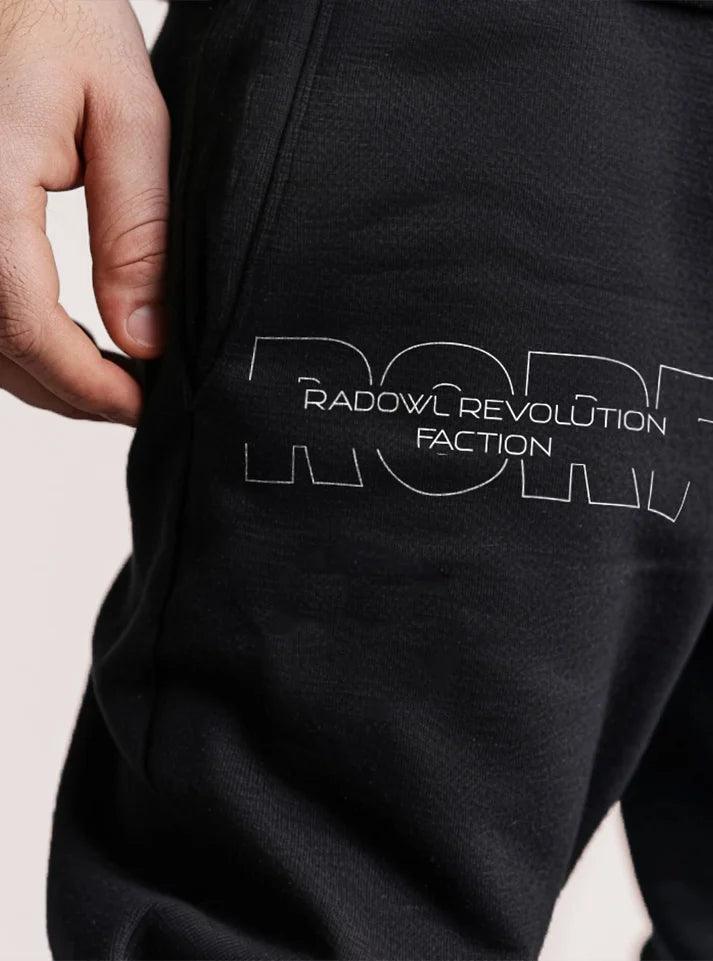 Black RORF jogger| gym trousers for men, ideal for gym and casual wear, featuring a sleek minimal design with white print, men's joggers trousers unlesh your rebel within with Radowl Revolution Faction jogger buy now at radowl