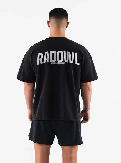 RadOwl black gym oversized t-shirt for men, featuring drop-shoulder design and 100% bio-washed cotton for superior comfort during workouts.