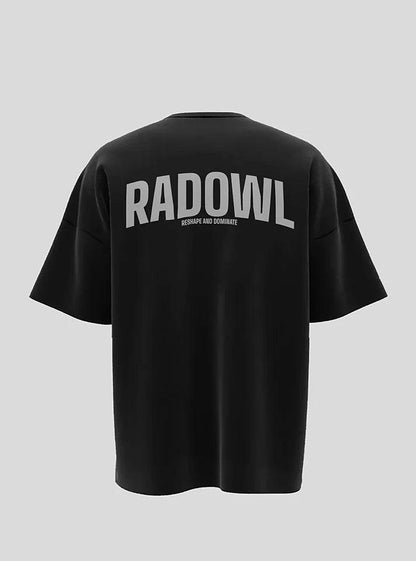 Black RadOwl oversized tshirt with bio-washed cotton, perfect for gym training and casual wear. Features ‘RadOwl’ on back and logo on chest