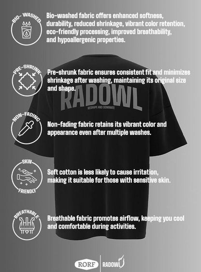 RadOwl Oversized Black Tshirt for men with 'RadOwl' text on upper back and logo on chest - ideal oversized gym t-shirt for fitness and workouts.