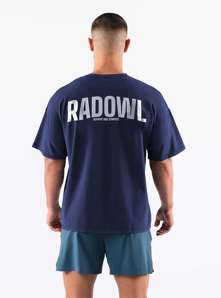 RadOwl Navy gym Oversized  Tshirt  for men with 'RadOwl' Text on Upper Back and Logo on Chest - A high-quality, oversized gym t-shirt designed for ultimate comfort during workouts.