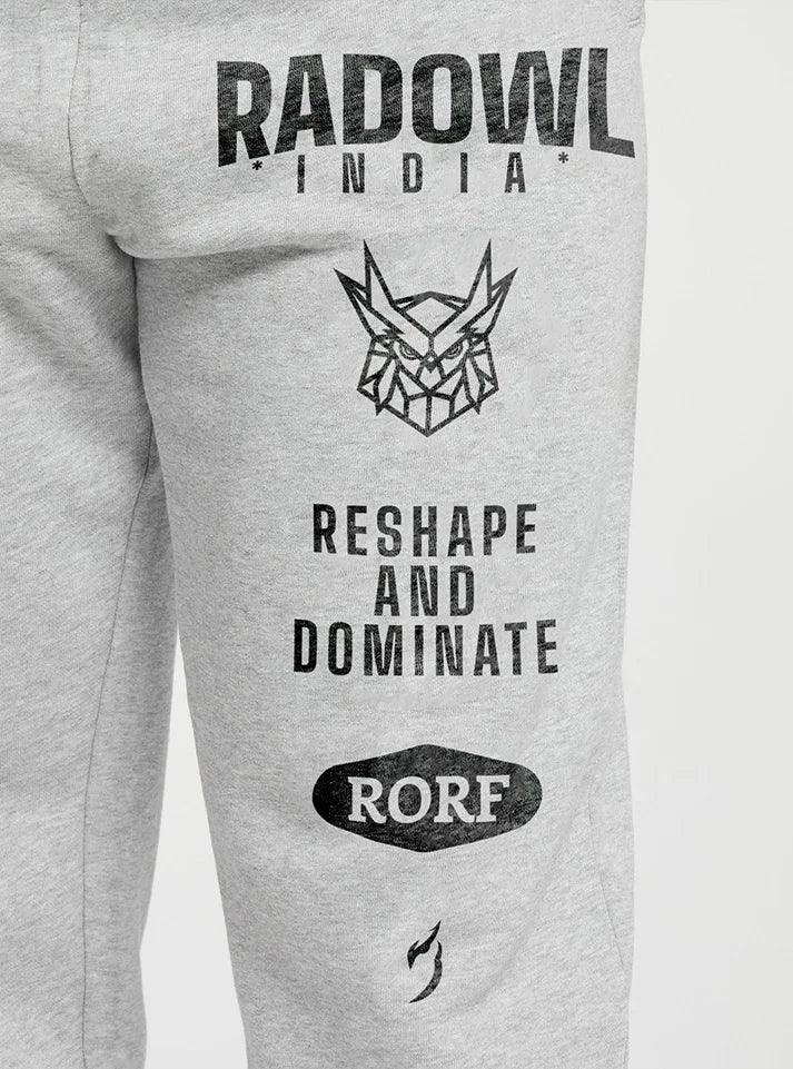 Close view of the Radowl x RORF Grey gym lower for men- Loose fit jogger with striking white logo and slogan, designed for maximum comfort by now at radowl