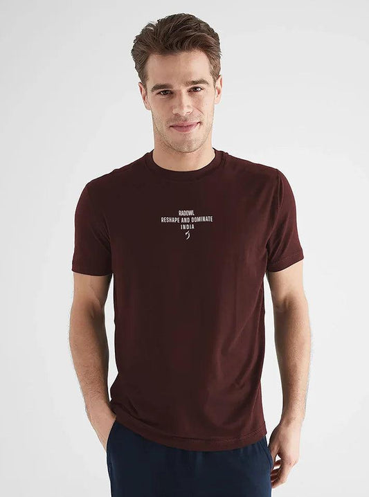 Aesthetic maroon slim fit t-shirt for men, perfect for gym workouts, featuring the Radowl logo and motivational "Reshape And Dominate" text at the chest.