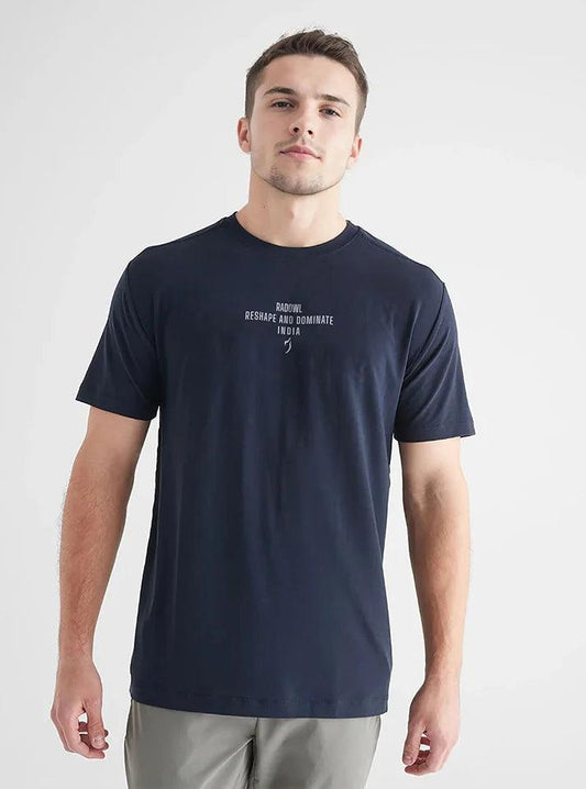 Navy blue gym t-shirt with 'Reshape And Dominate' slogan and Radowl logo at the chest, slim fit for ultimate comfort during workouts. Perfect for activewear clothing and fitness clothes for men.