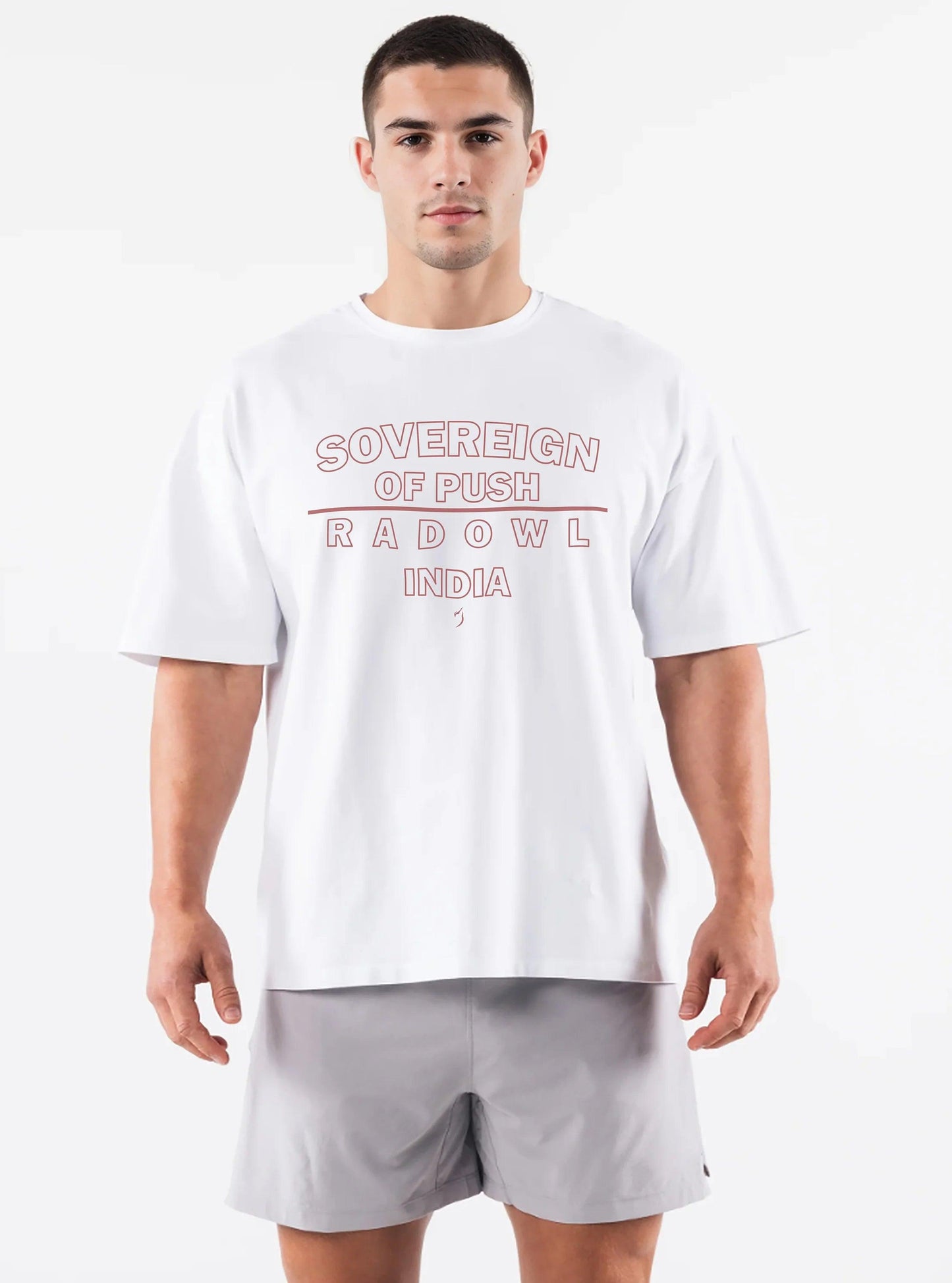 Sovereign Of Push white oversize tshirt for men, perfect for gym training, featuring 'Sovereign Of Push' on the front and 'Push' on the back. Made from 100% bio-washed cotton.