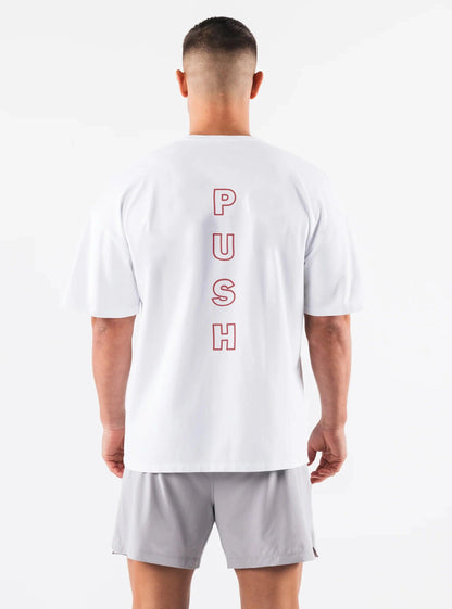 Sovereign Of Push white gym tshirt with drop shoulder design, offering ultimate comfort and style for fitness enthusiasts. Ideal for push workouts