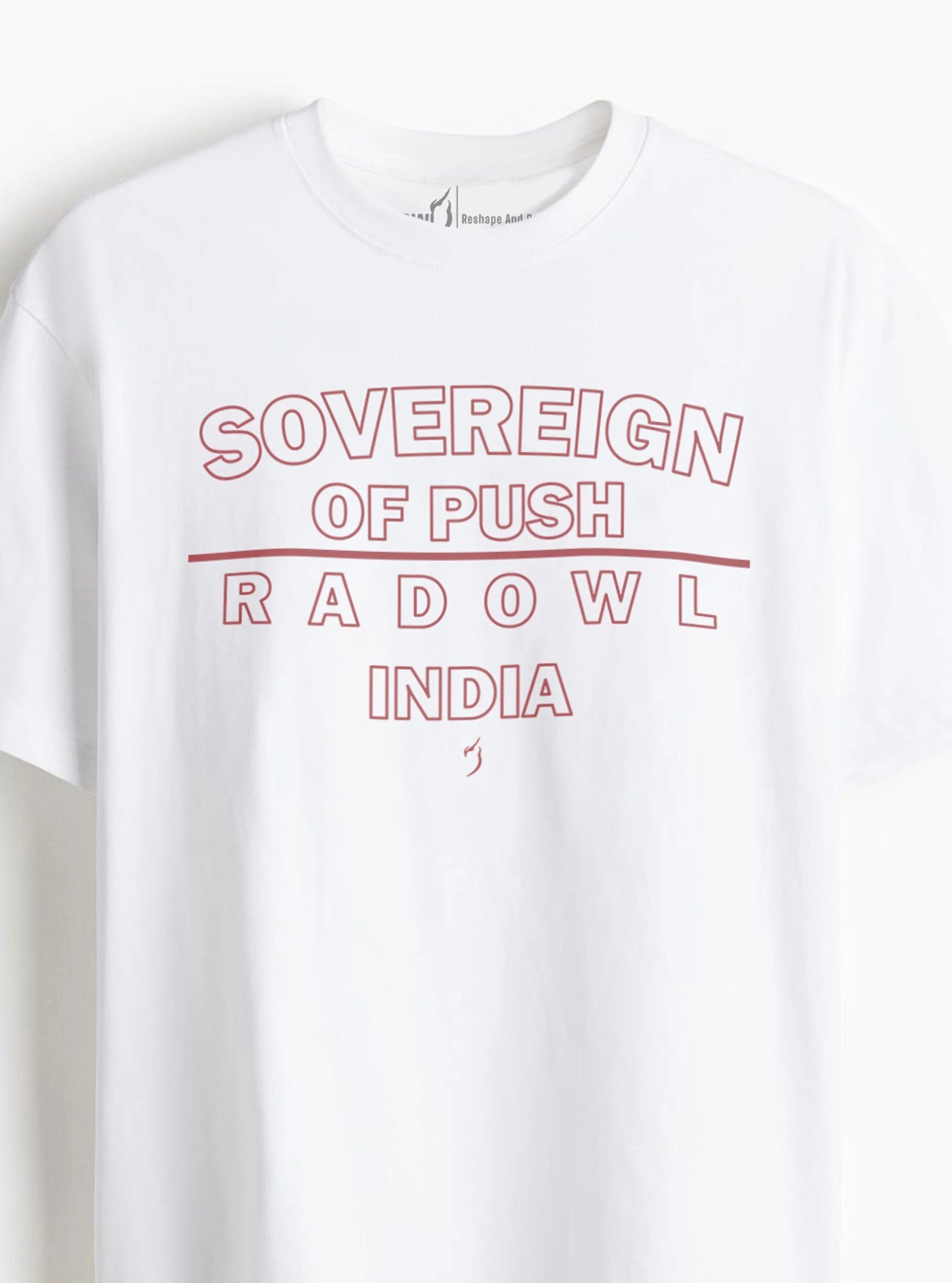 Sovereign Of Push oversized white t-shirt, designed for gym and fitness, offering a relaxed fit and maximum comfort during push workouts.