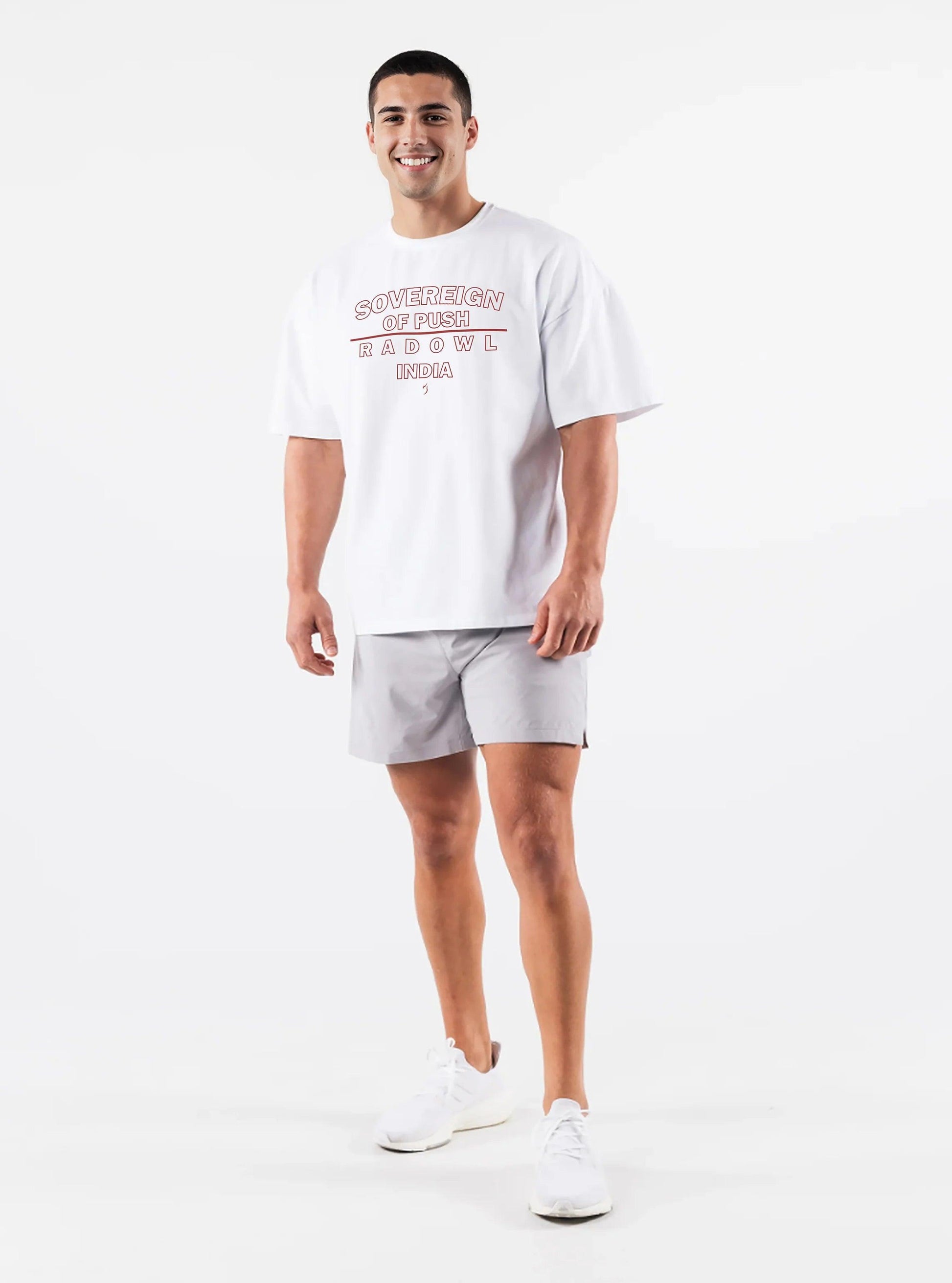 Sovereign Of Push white oversized gym t-shirt, featuring bold text for push workout enthusiasts. Made from soft, durable bio-washed cotton.