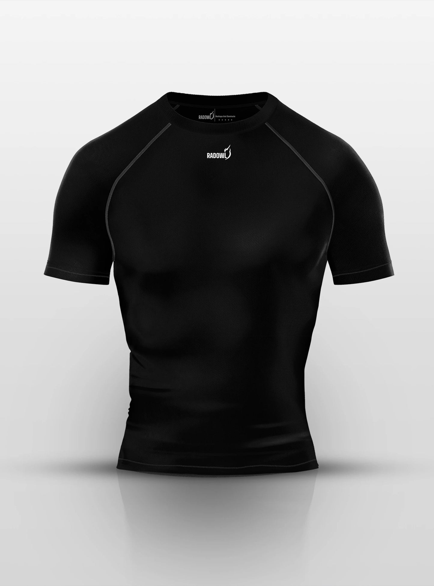 Front image of Titan Flex Radowl black gym compression tee placed on white background