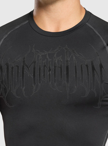 Front close up image of Dark domination compression tshirt showing the print inspire by spiderman.