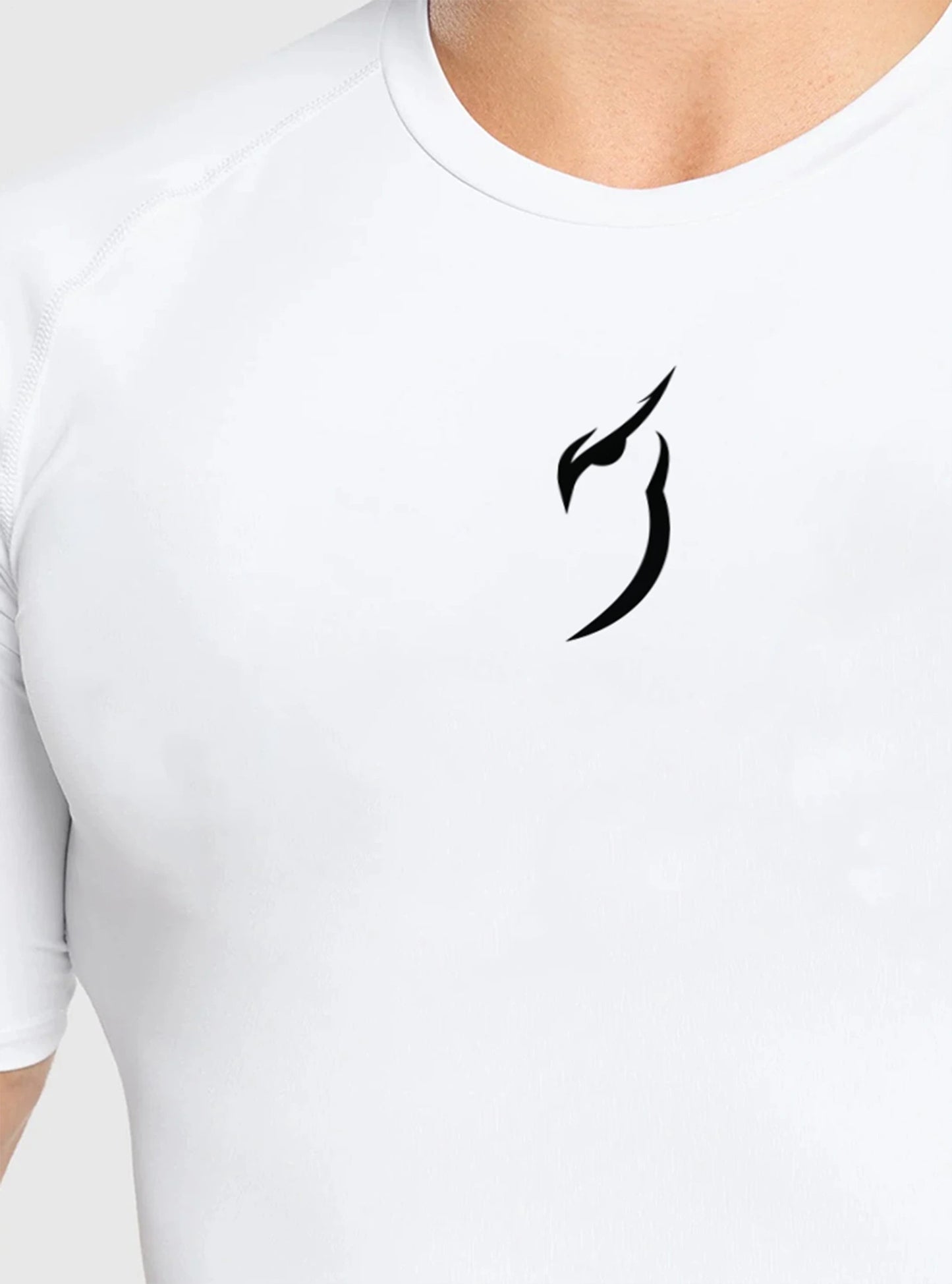 Close up image of white Radowl Embelm Compression tshirt for men showing its high quality print