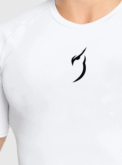 Close up image of white Radowl Embelm Compression tshirt for men showing its high quality print